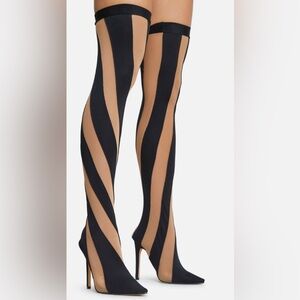 Striped Black and Tan High Heel Boots